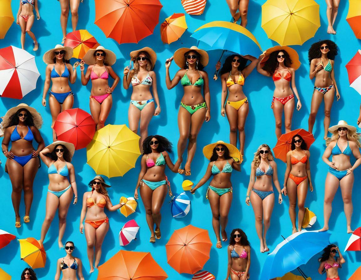 A vibrant beach scene featuring a diverse group of women of different body types and ethnicities, showcasing a variety of trendy bikinis in bright summer colors. The background includes sunny skies, gentle waves lapping at the shore, and colorful beach umbrellas. Include accessories like sunglasses and sun hats to enhance the beach vibe. super-realistic. vibrant colors. 3D.