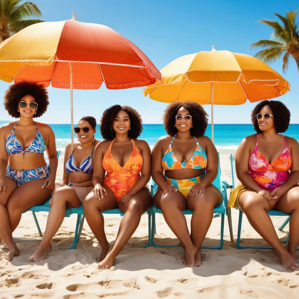 A diverse group of confident individuals of various body types enjoying a beach setting, wearing vibrant two-piece swimsuits that reflect different styles and patterns. Include colorful beach umbrellas and relaxing lounge chairs in the background, with the sun shining bright. Emphasize fun and empowerment through fashion. super-realistic. vibrant colors. beach setting.